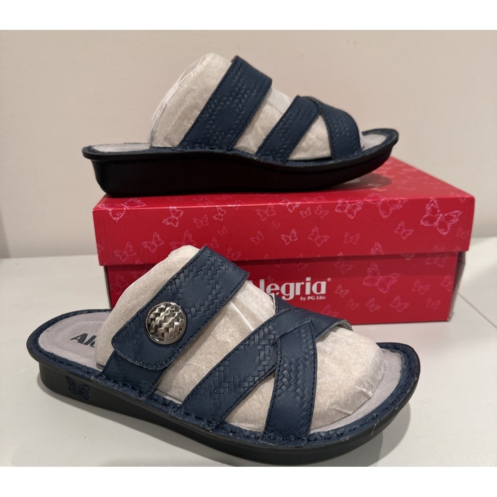 Alegria Size 39/US 9 Victoriah Sandals Leather Basketry Woven Navy Blue